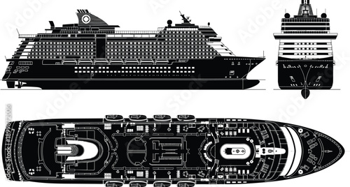 Cruise ship icon set, side, front, and top views of modern vessel, blue vector illustration, travel and engineering theme, isolated on white background
