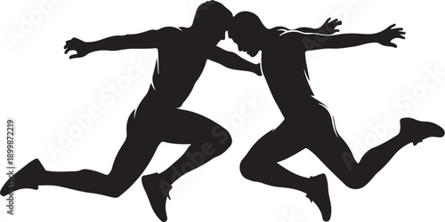 Silhouette of two people jumping together in mid air