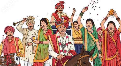 Traditional Indian wedding procession (Baraat) illustration with groom on horse, bride, and musicians.