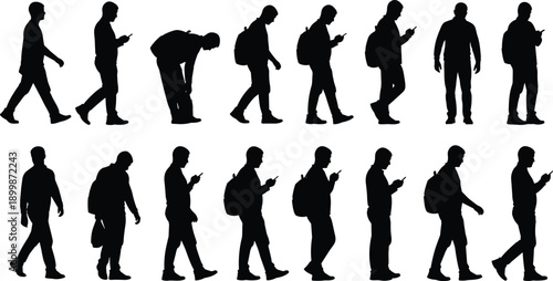 Mobile phone posture silhouette icon set, walking figure with backpack in progressive hunch, black vector illustration, lifestyle and behavior theme, isolated on white background