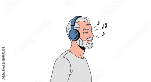 Senior man wearing headphones listening to music and smiling, relaxation concept.