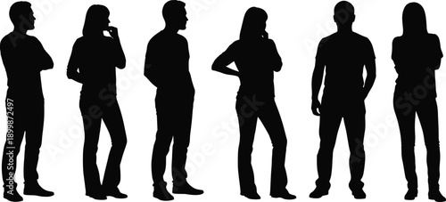 Standing posture silhouette icon set, human figures in casual and contemplative poses, black vector illustration, gesture and identity theme, isolated on white background