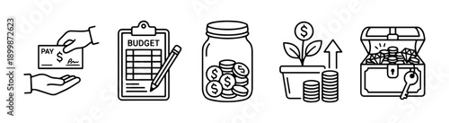 Simple black and white vector line art illustration showing financial planning, budget, saving, investing, and wealth with icons representing money.