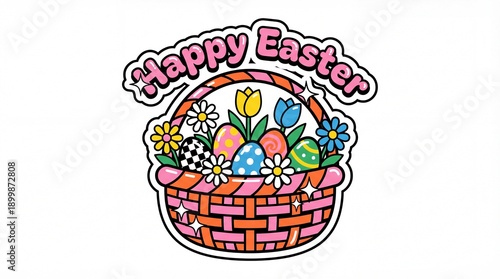 Colorful easter basket with eggs flowers and 'happy easter' text on white background spring holiday decoration