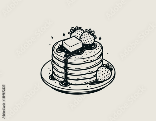 pancake illustration shows stacked breakfast pancakes with syrup and fruit