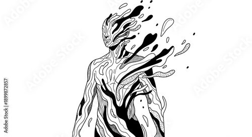 Abstract line art illustration of a dissolving human figure, concept of identity crisis or self-transformation