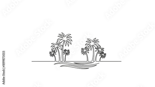 Minimalist black and white line art illustration of palm trees on a tropical island landscape