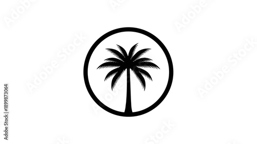 Minimalist black and white palm tree logo inside a circle graphic