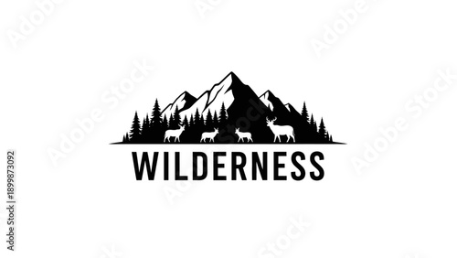 Majestic mountain range with evergreen trees and deer silhouette logo