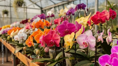 Wallpaper Mural Medium shot of tiered display benches filled with vibrant tropical orchids in full bloom focused on delicate petals with a softly blurred greenhouse background. Torontodigital.ca