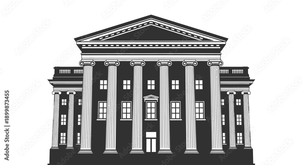 Fototapeta premium Classical government building facade with ionic columns, neoclassical architecture vector.