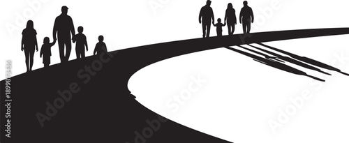 Silhouette of families walking on a diverging road path
