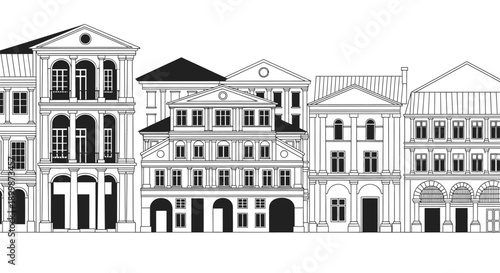 Classical European building facades line art, historic architectural street view illustration.