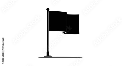 Black flag icon on flagpole, waving flag silhouette isolated on white background.