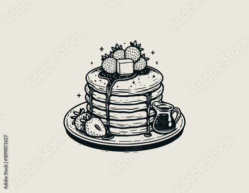 pancake illustration shows stacked breakfast pancakes with syrup and fruit