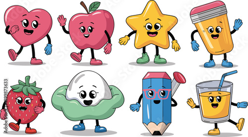 Cartoon anthropomorphic characters of heart, apple, star, pencil, strawberry, dumpling, juice, cute expressions, educational, playful, colorful, vector set