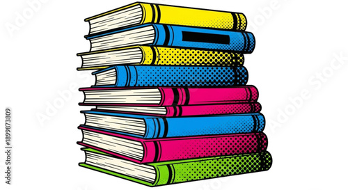 Stack of colorful books in pop art style with a variety of hues  