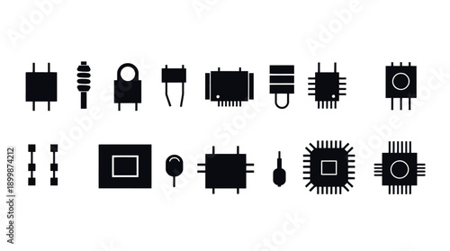 Collection of Electronic Components and Microchips Silhouettes on White Background