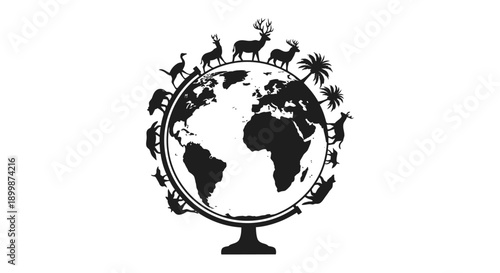 Globe Earth with Wild Animals and Trees Circling Silhouette