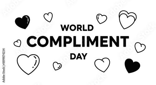World Compliment Day Text with Heart Shapes Isolated on White Background