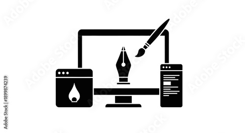 Digital Graphic Design Tools on Computer Monitor with Mobile Devices Silhouette