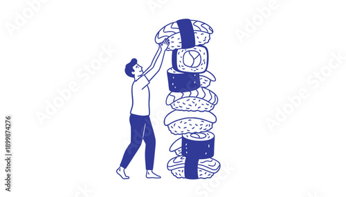 Vector illustration of a person stacking bags of food or groceries, line art style, blue lines on white background, for website or presentation, isolated on transparent background, png