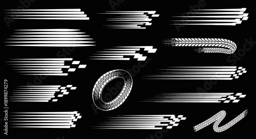Set of white speed lines and tire track design elements on a black background.