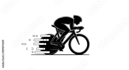 Silhouette of a fast-moving cyclist on a road bike with abstract speed lines, isolated white background.