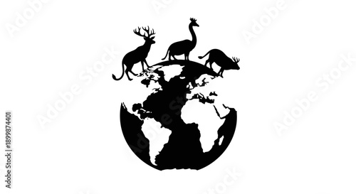 Earth Globe with Diverse Wild Animal Silhouettes, Wildlife Conservation Concept, isolated white background.