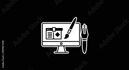 Computer monitor displaying a graphic design interface with a digital stylus, symbolizing professional creative work on a black background.