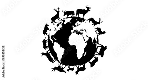 Earth globe encircled by diverse wild animal silhouettes, symbolizing global wildlife and environmental preservation, isolated white background.