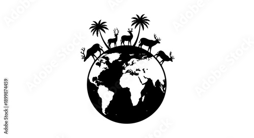 Earth globe with deer and tropical palm trees, symbolizing natural habitats and wildlife preservation, isolated white background.