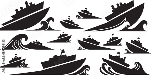 Black Silhouette Ships and Boats on White Background Illustration