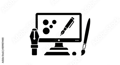 Desktop computer monitor displaying graphic design elements with a stylus and paintbrush, symbolizing digital creation, isolated white background.
