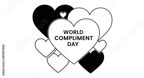 Hearts with "WORLD COMPLIMENT DAY" text, celebrating love and appreciation, on an isolated white background.