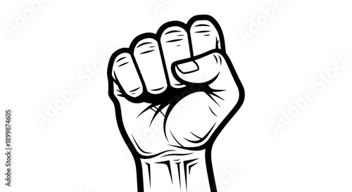 Clenched fist raised up, symbolizing power, strength, and solidarity, on an isolated white background.