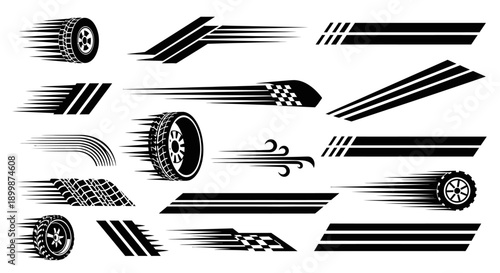 Collection of racing and speed design elements, including motion lines, tire, and checkered flag pattern, on an isolated white background.