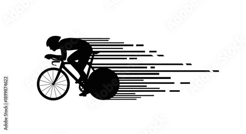 Silhouette of a male cyclist riding a racing bicycle at high speed with motion lines, on an isolated white background.