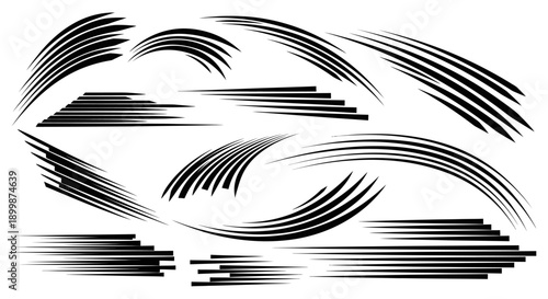 Set of various dynamic black speed lines and motion trails to illustrate fast movement, on an isolated white background.