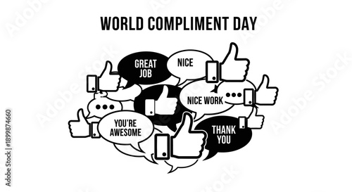 World Compliment Day Concept with Speech Bubbles and Thumbs Up for Positive Feedback on Isolated White Background
