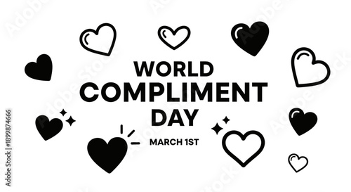 World Compliment Day (March 1st) Text with Black and Outline Hearts and Sparkle Stars on Isolated White Background