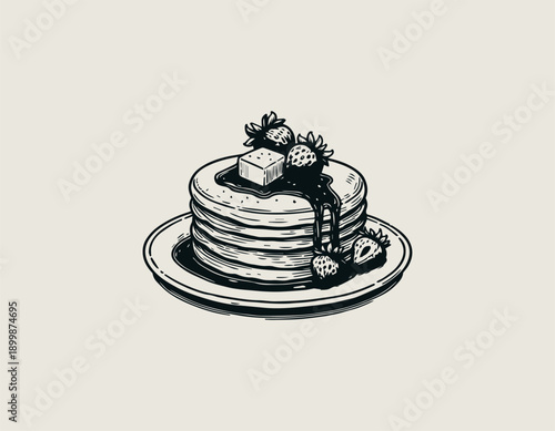 pancake illustration shows stacked breakfast pancakes with syrup and fruit