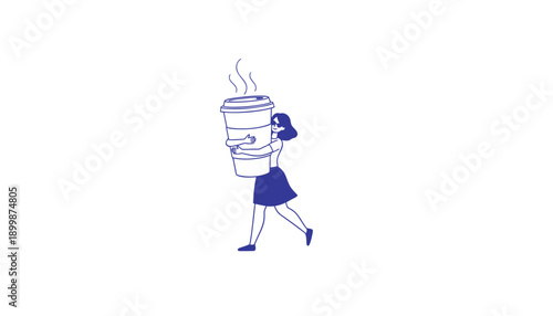 Vector illustration of a woman walking while holding a steaming hot coffee cup, blue line art style, for website or app UI, isolated on transparent background, png