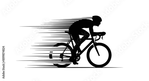 Agile black silhouette of a professional cyclist sprinting on a racing bike with intense motion effects, isolated white background.