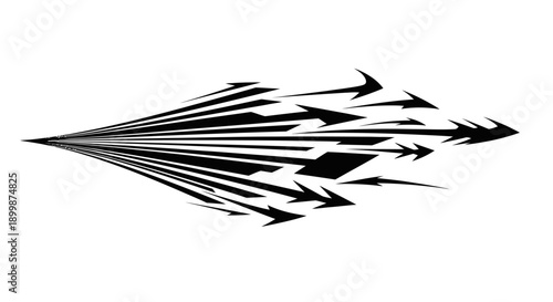 Dynamic collection of abstract arrows moving rapidly forward, symbolizing direction and progress, isolated white background.