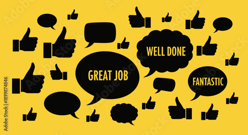 Collection of thumbs up gestures and positive feedback speech bubbles with "Great Job", "Well Done", "Fantastic" on a bright yellow background.