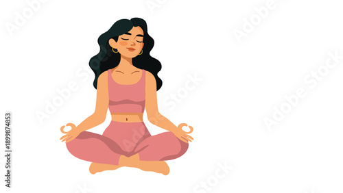 Calm woman sitting in a lotus pose meditating wellness stress relief well-being self care concept flat design character banner illustration