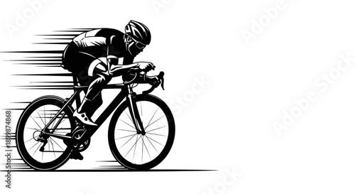 Dynamic black silhouette of a male cyclist intensely racing on a bike with strong motion blur, isolated white background.