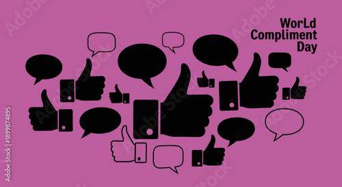 Collection of thumbs up gestures and speech bubbles on a vibrant purple background, representing social media likes and positive feedback.