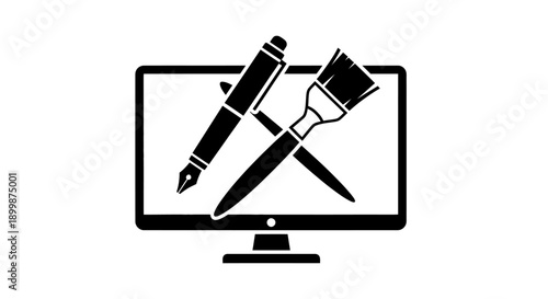 Computer Monitor with Creative Tools, Stylus Pen and Paintbrush for Digital Graphic Design on Isolated White Background